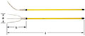 Two horizontal views of a three-pronged hay fork with yellow fiberglass handle with black tip end.  Top image shows a long handle and a thin, curved pitching head. Bottom image shows top-down view of hay fork with three tines.  AMPCO is etched on the hand